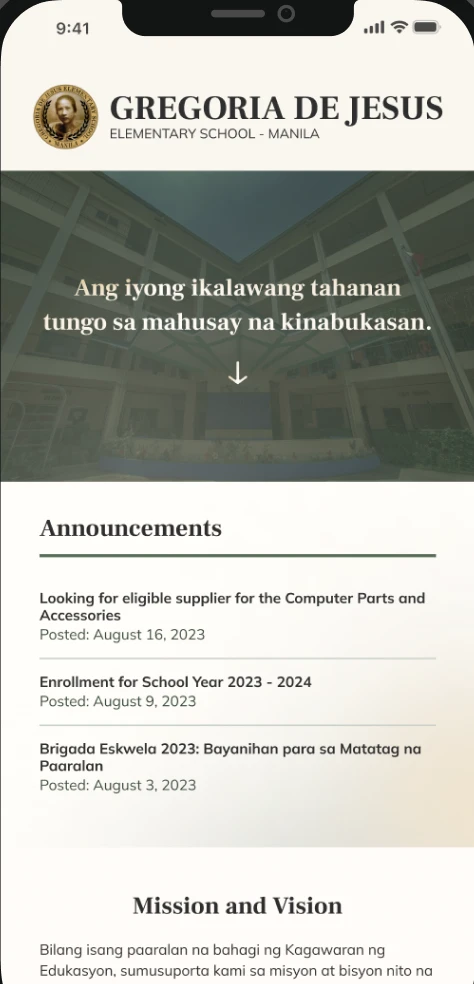 Original mobile school landing page from the supplied project artwork